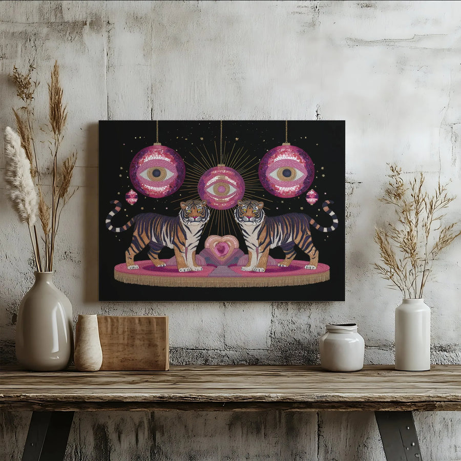 Tiger Wall Art Canvas | Surreal Evil Eye Disco Ball Print | Premium Gallery-Wrapped Decor | Unique Maximalist Home Gift