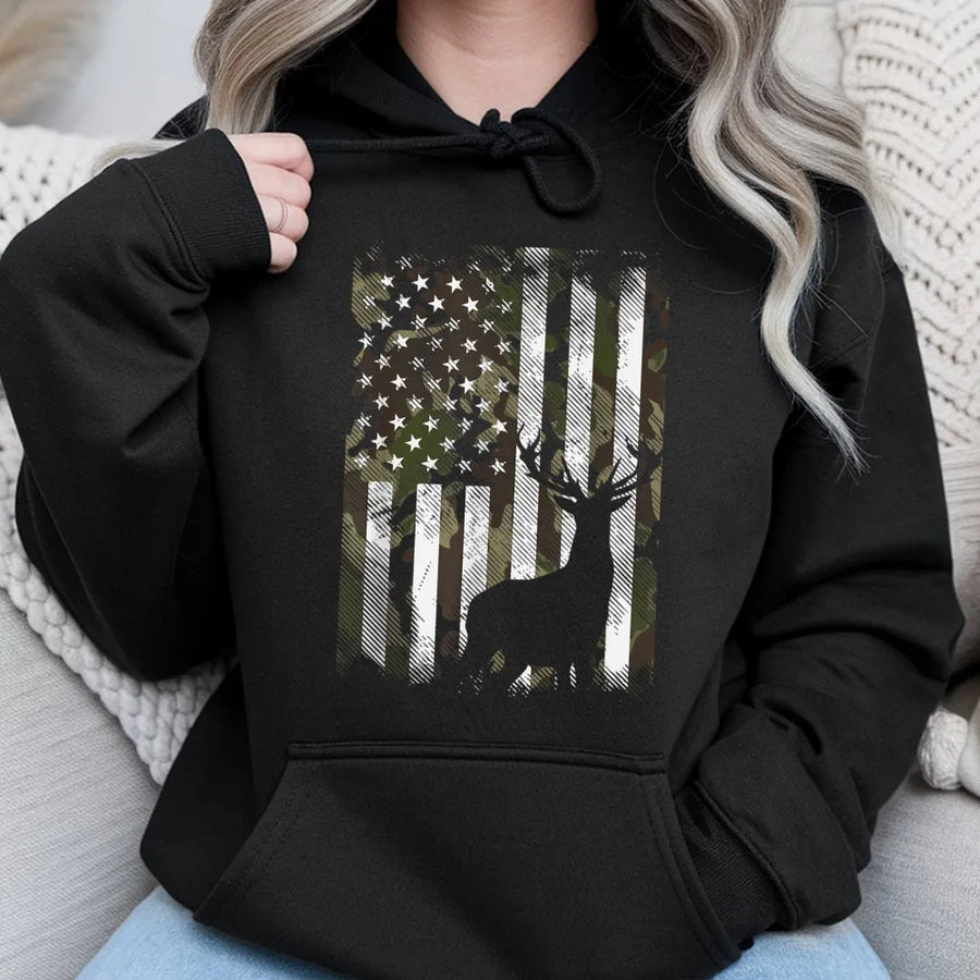 Camo US Flag Deer Hoodie | Distressed Buck Hunting Graphic | Premium Cotton Blend | Gift for Hunter and Outdoorsman