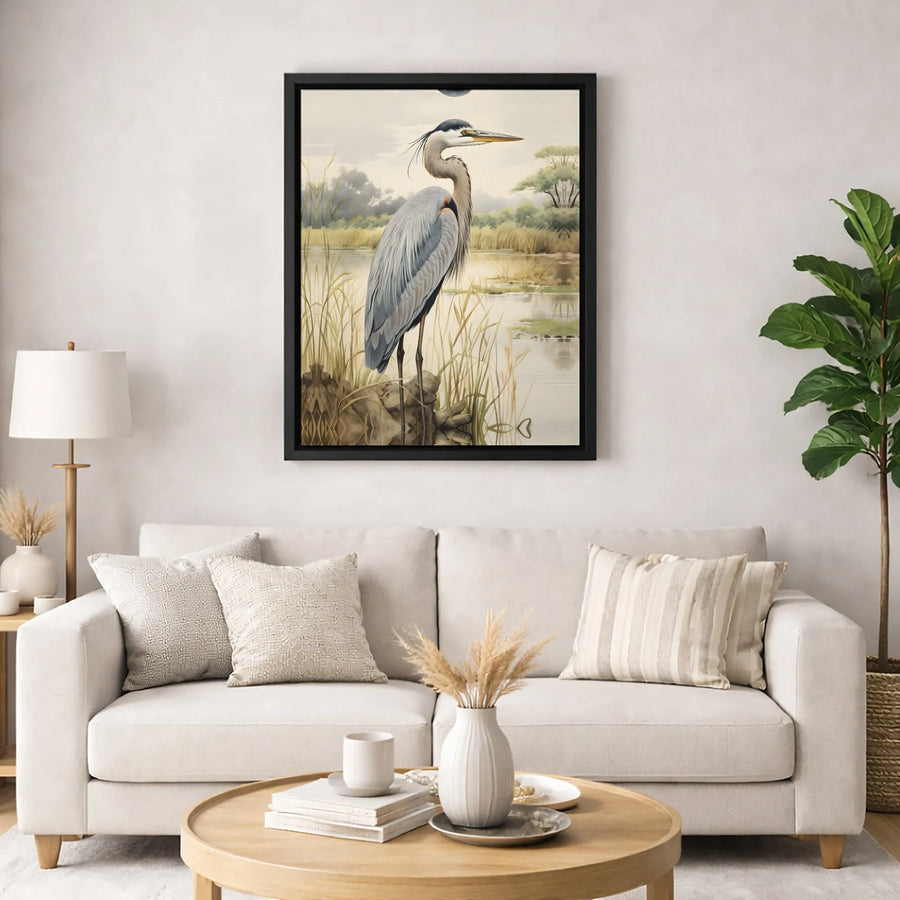Great Blue Heron Canvas Wall Art | Marshland Bird Watercolor Print | Premium Gallery-Wrapped Decor | Nature Lover Gift for Home and Office