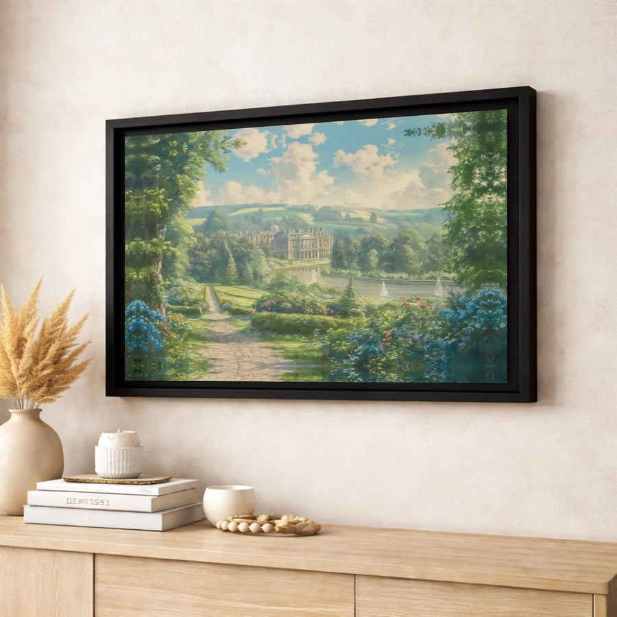 English Manor Landscape Canvas Print | Lush Garden Estate Art | Premium Fade-Resistant Gallery Wrap | Elegant Home Decor Wall Art