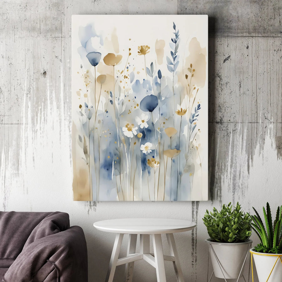 Abstract Watercolor Wildflower Canvas | Blue And Mustard Floral Wall Art | Gallery-Quality 1.25 inch Thick Frame | Modern Botanical Home Decor