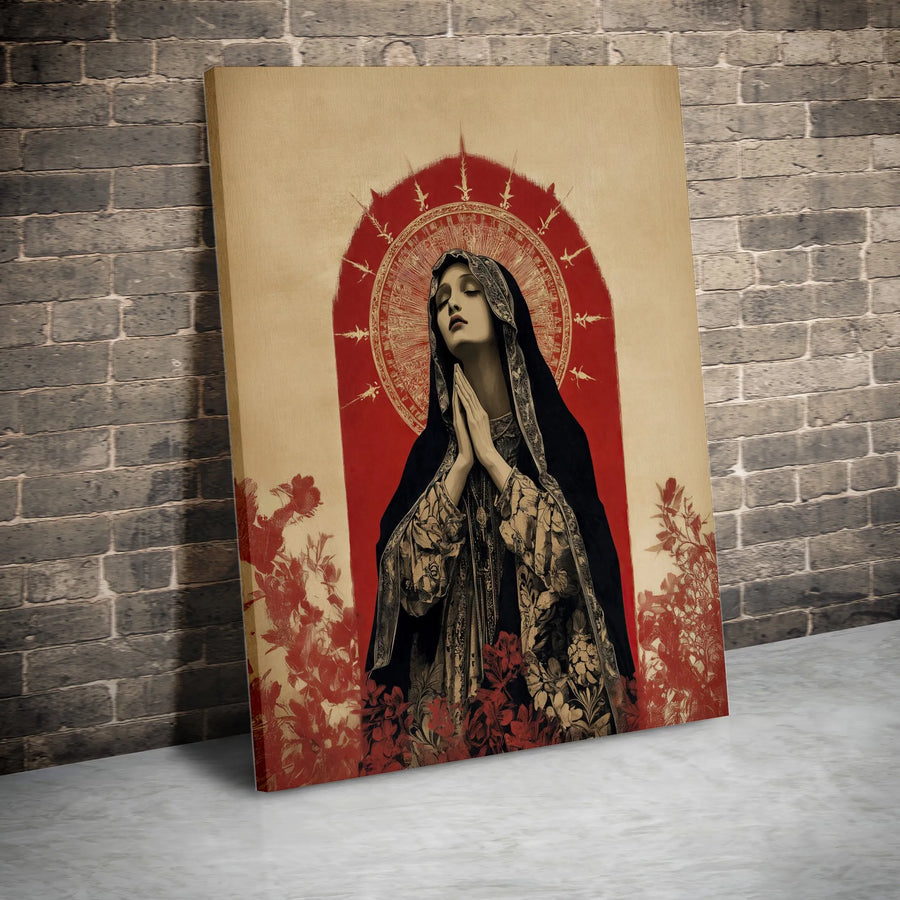 Virgin Mary Wall Art | Praying Madonna With Red Floral Halo | Premium Gallery Wrapped Canvas | Religious Home Decor Gift For Believers