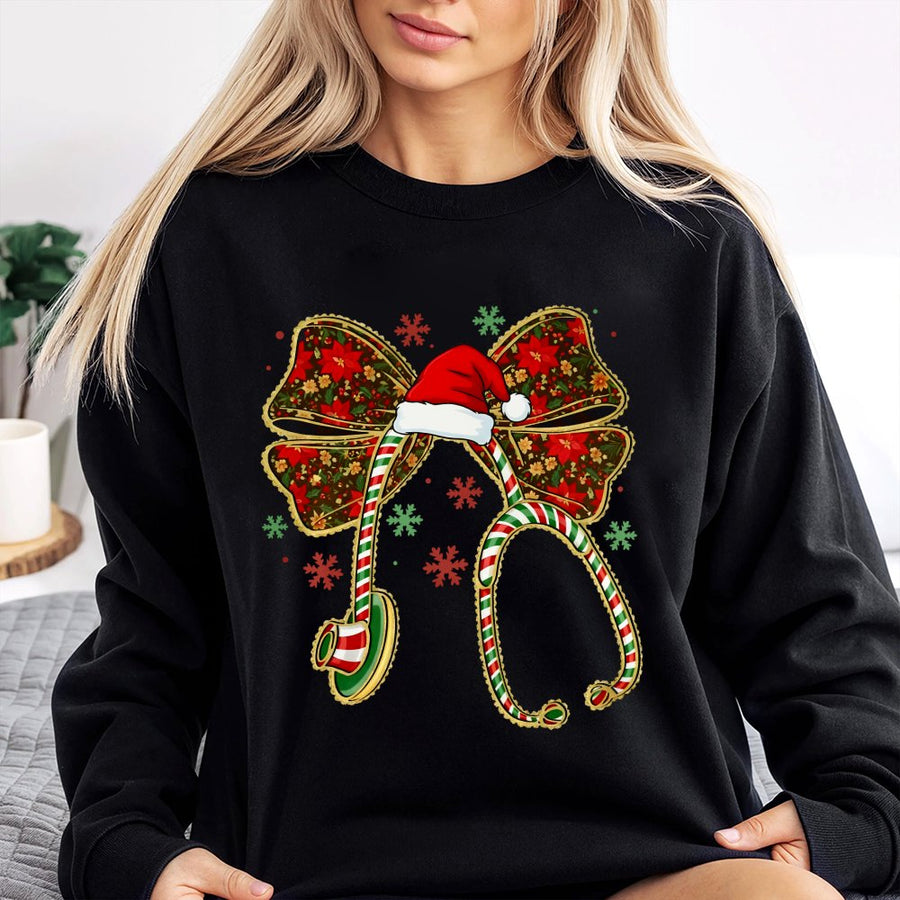 Christmas Nurse Sweatshirt | Coquette Bow Stethoscope Graphic | Soft Cotton Blend Crewneck | Holiday Nursing Student Gift