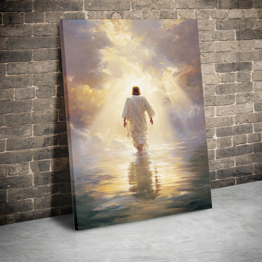 Jesus Walking On Water Canvas Print | Ethereal Heavenly Light Religious Wall Art | Premium Gallery Wrapped Decor | Christian Faith Home Gift