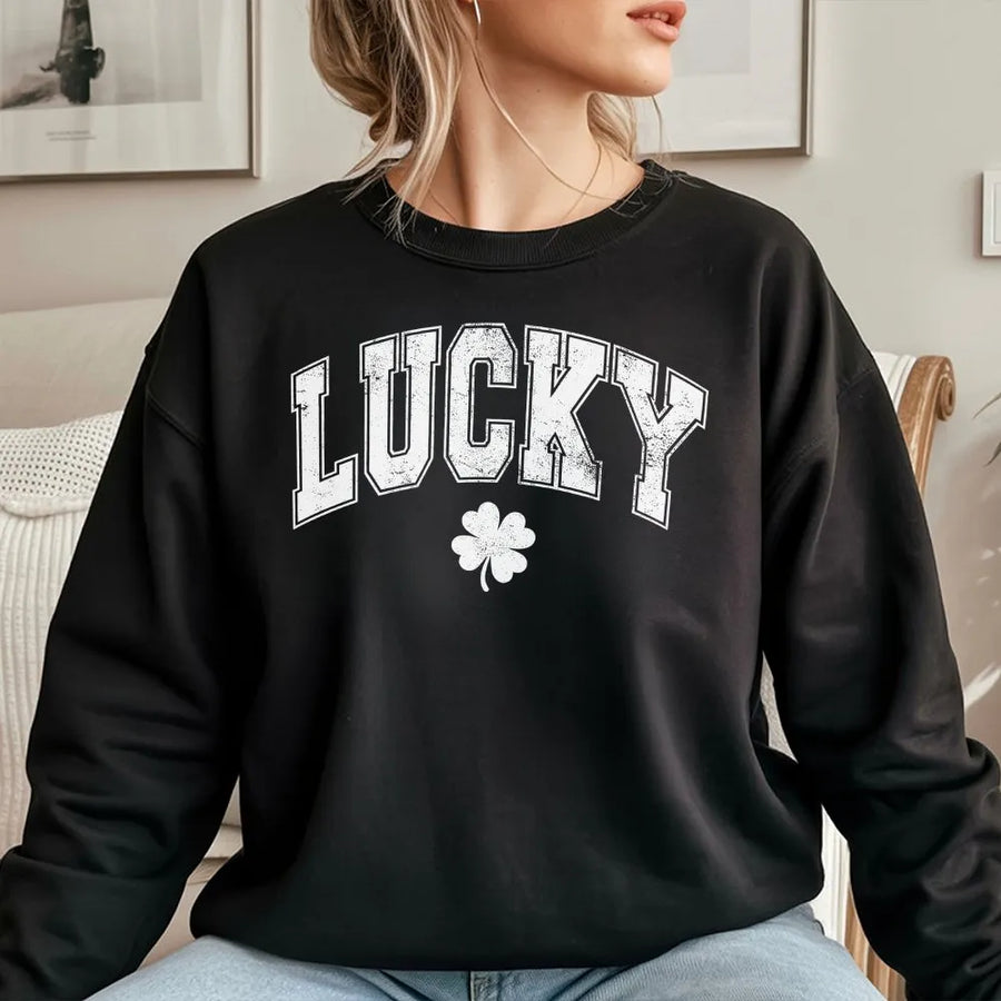 Lucky Shamrock Sweatshirt | Vintage Varsity Lettering Design | Premium Cotton Blend | St Patrick's Day Gift for Men and Women