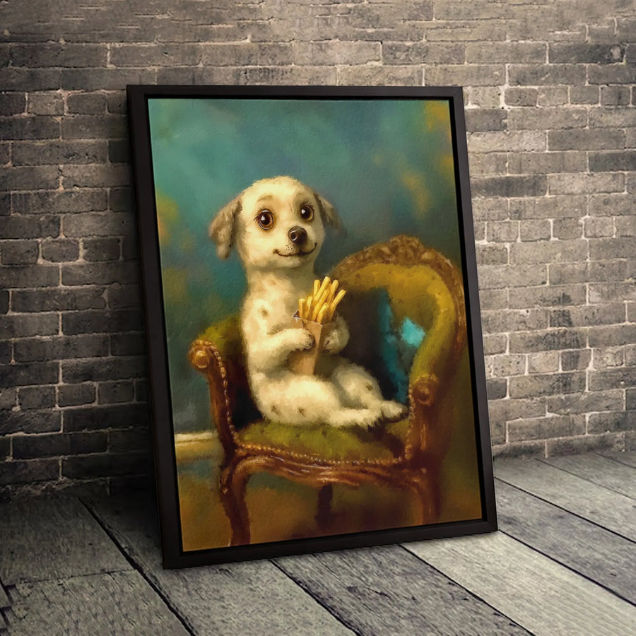 Dog Eating French Fries Canvas Wall Art | Whimsical Puppy Portrait | 1.25-Inch Premium Gallery Wrap | Unique Funny Animal Home Decor Gift