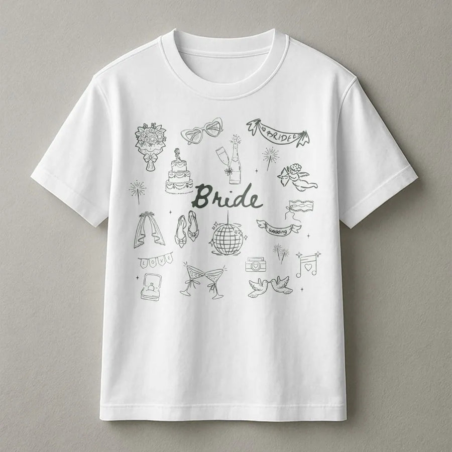 Bride Doodle Graphic T-Shirt | Boho Wedding Party Apparel | Premium Cotton Soft Crewneck | Bachelorette Trip Gift for Future Mrs