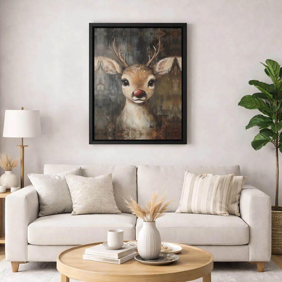 Red Nosed Reindeer Canvas Art | Vintage Style Baby Deer Portrait | Premium Gallery Wrapped Print | Holiday Wall Decor Gift for Kids