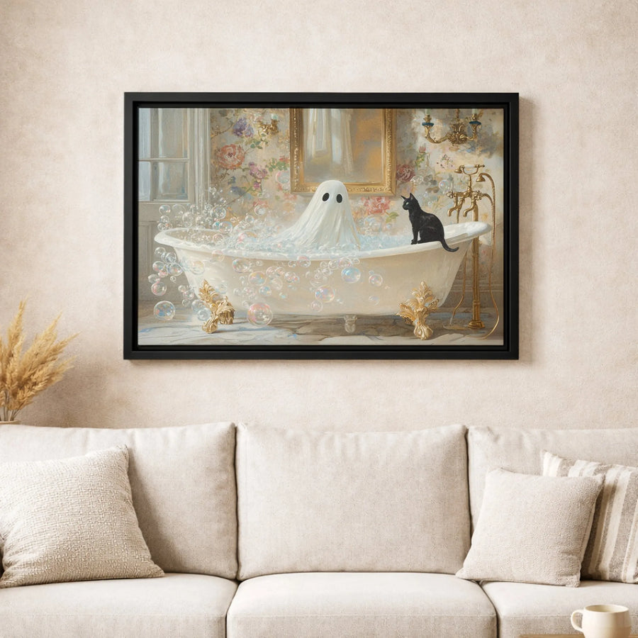 Ghost in Bathtub with Black Cat Canvas | Whimsical Spooky Bathroom Wall Art | Premium Gallery Wrapped Print | Unique Halloween Home Decor Gift