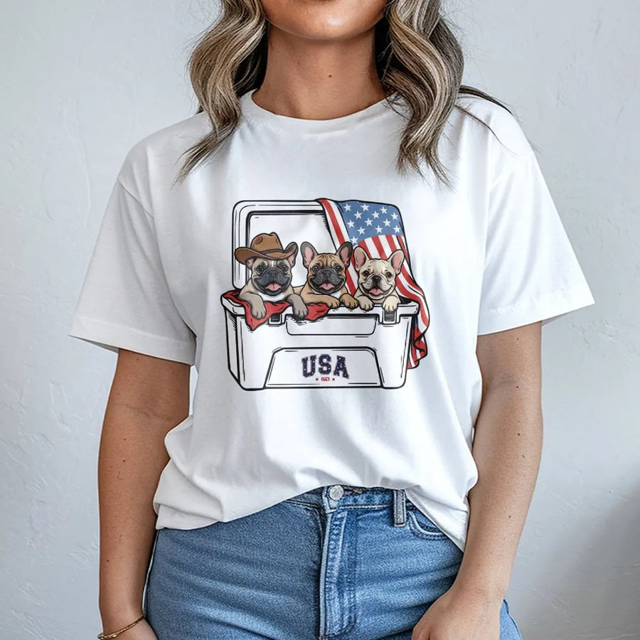 Patriotic French Bulldog T-Shirt | USA Flag Cooler Graphic Sweatshirt | Soft Cotton Blend | America 250th Anniversary Gift for Dog Lover