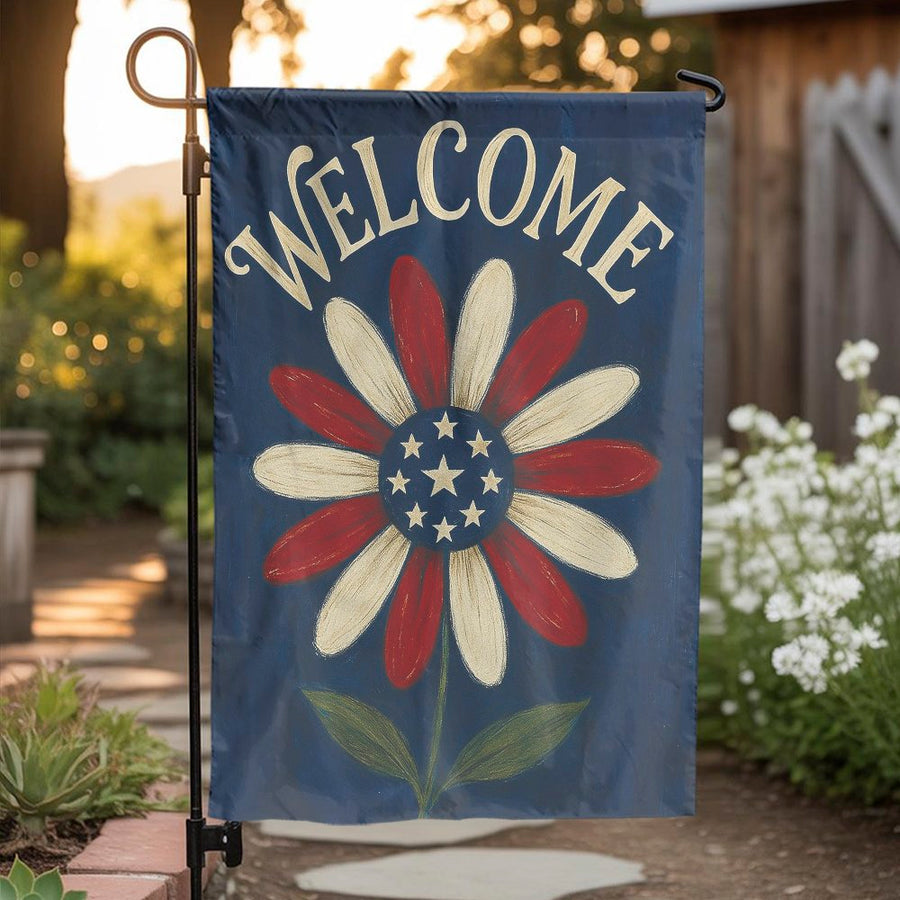 Patriotic Garden Flag | Red White Blue Americana Flower Welcome Sign | Durable Weather-Resistant Polyester | 4th of July Outdoor Decor Gift