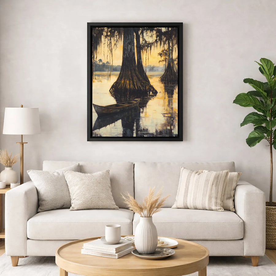 Cypress Swamp Wall Art | Moody Sunset Bayou Canoe Canvas Print | 1.25-Inch Gallery Wrap | Rustic Southern Landscape Decor for Living Room