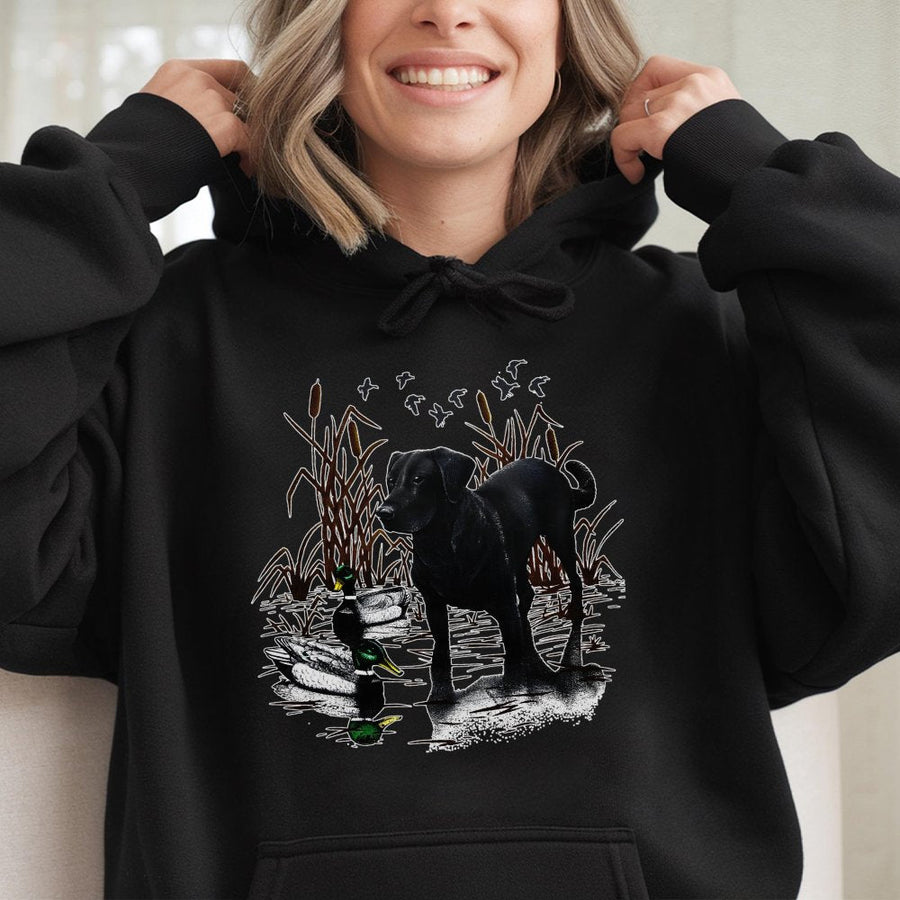 Black Labrador Retriever Hoodie | Vintage Hunting Dog Duck Illustration | Premium Cotton Blend Sweatshirt | Wildlife Nature Lover Gift