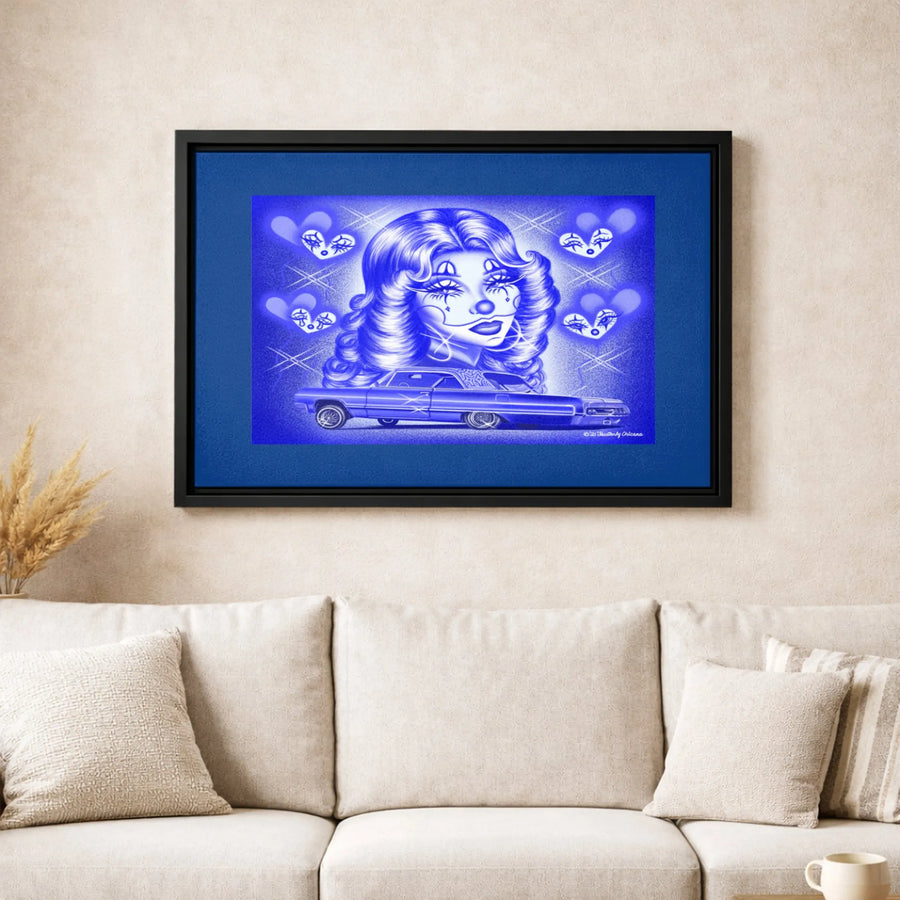 Chicana Payasa Canvas Art | Blue Lowrider Clown Girl with Hearts | Premium Gallery Wrap Wall Decor | Edgy Urban Aesthetic Chicano Gift