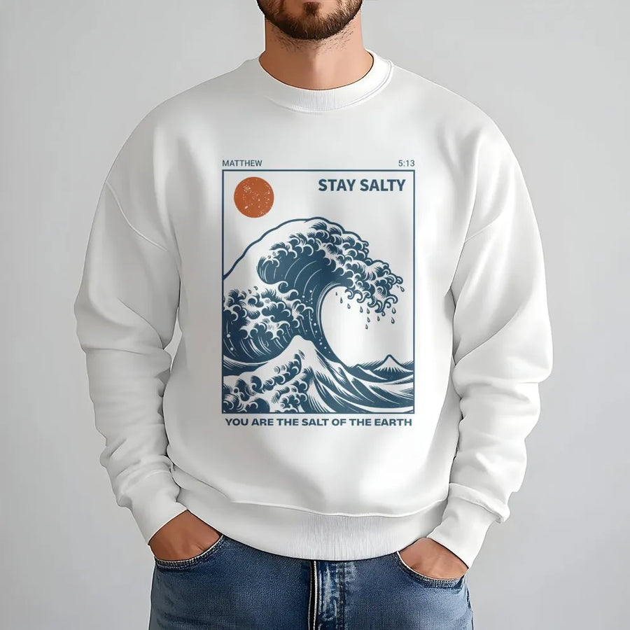 Stay Salty Christian Sweatshirt | Matthew 5:13 Wave Graphic | Premium Cotton Blend | Faith-Based Gift for Men and Women