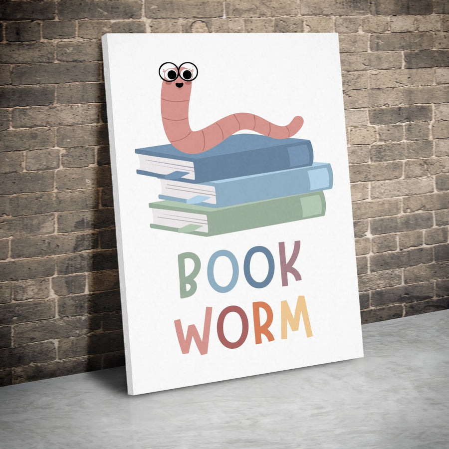 Book Worm Wall Art | Cute Reading Worm Illustration | Gallery-Quality 1.25" Canvas | Premium Nursery Decor or Library Gift