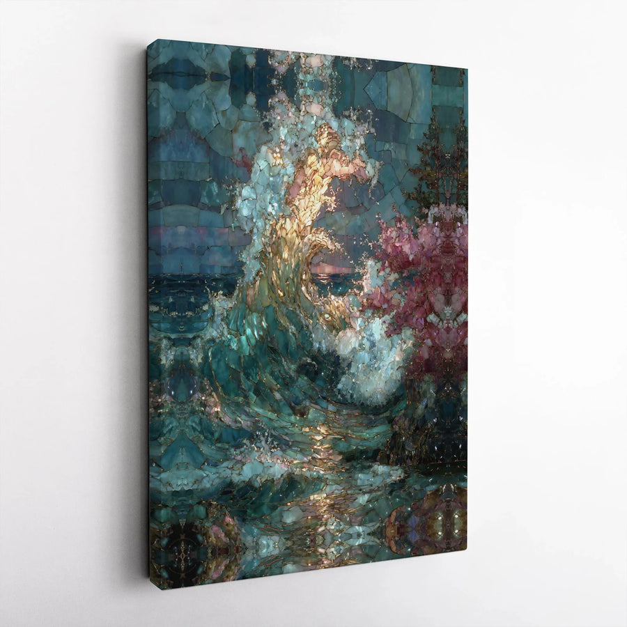 Ocean Wave Canvas Wall Art | Abstract Mosaic Stained Glass Style | 1.25 Inch Gallery Wrap Premium Decor | Coastal Home Office Living Room Gift