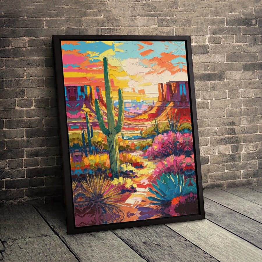 Southwestern Desert Canvas Wall Art | Vibrant Saguaro Cactus Landscape | Premium Gallery-Wrapped Print | Modern Boho Home Decor Gift