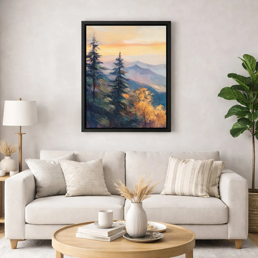 Mountain Landscape Canvas Wall Art | Impressionist Pine Trees Sunset Oil Painting | Premium Fade-Resistant Gallery Wrap | Nature Decor for Living Room
