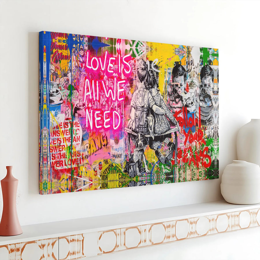 Love Is All We Need Canvas Wall Art | Vibrant Graffiti Street Art Collage | Premium 1.25 Inch Gallery Wrap | Modern Home Office Decor Gift