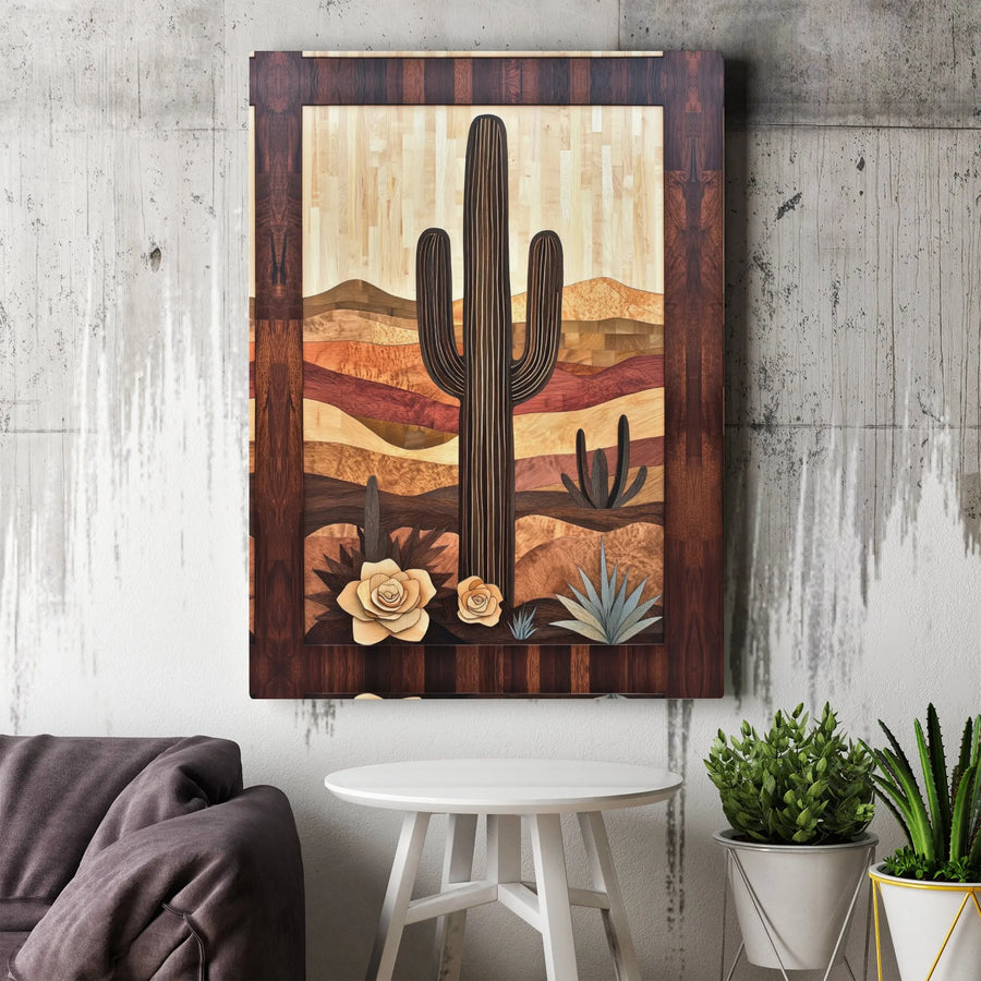 Saguaro Cactus Desert Wall Art | Southwestern Wood Marquetry Style Print | Premium Gallery Wrap Canvas | Rustic Home Decor Gift for Nature Lovers