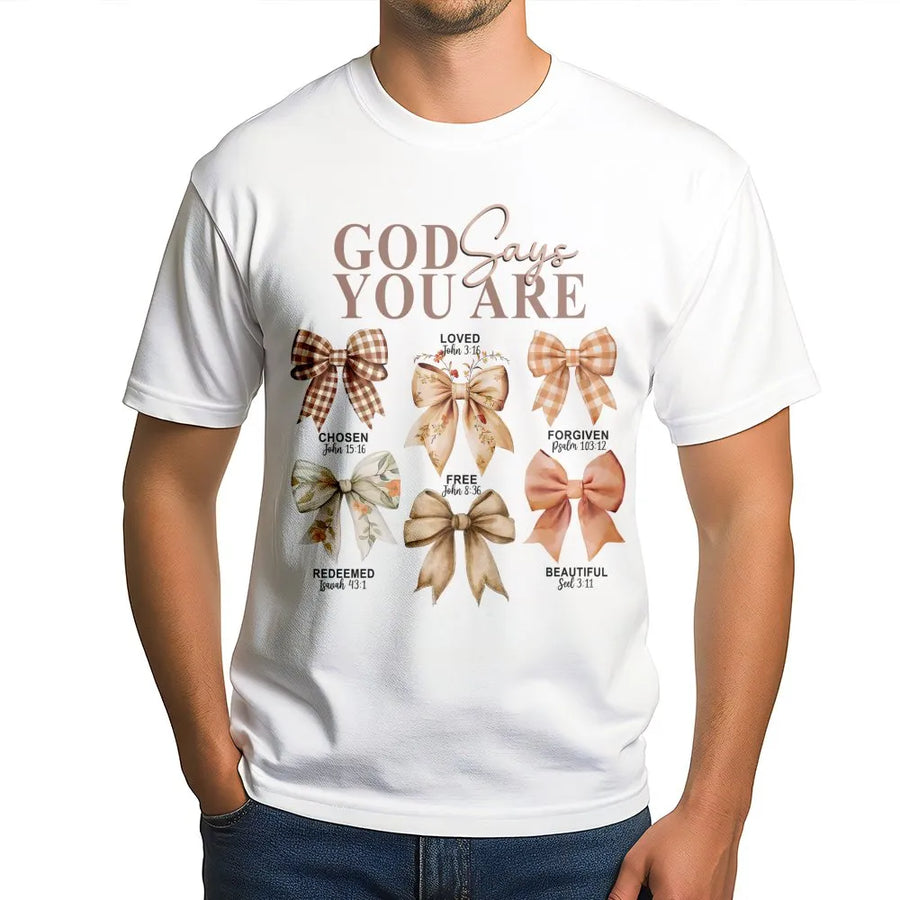 God Says You Are Bible Verse T-Shirt | Aesthetic Coquette Bow Design | 100% Cotton Premium Tee | Christian Faith Gift for Women
