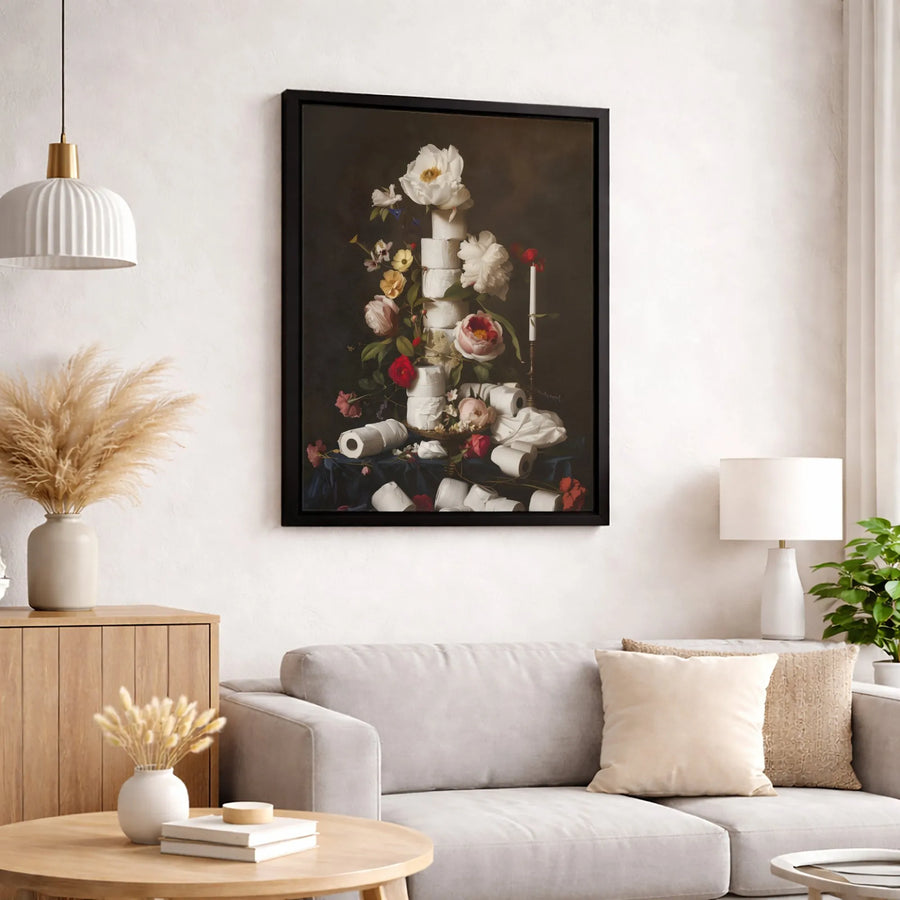 Toilet Paper Still Life Canvas Print | Dutch Master Floral Oil Painting Style | 1.25-Inch Premium Gallery Wrap | Quirky Bathroom Wall Art Decor