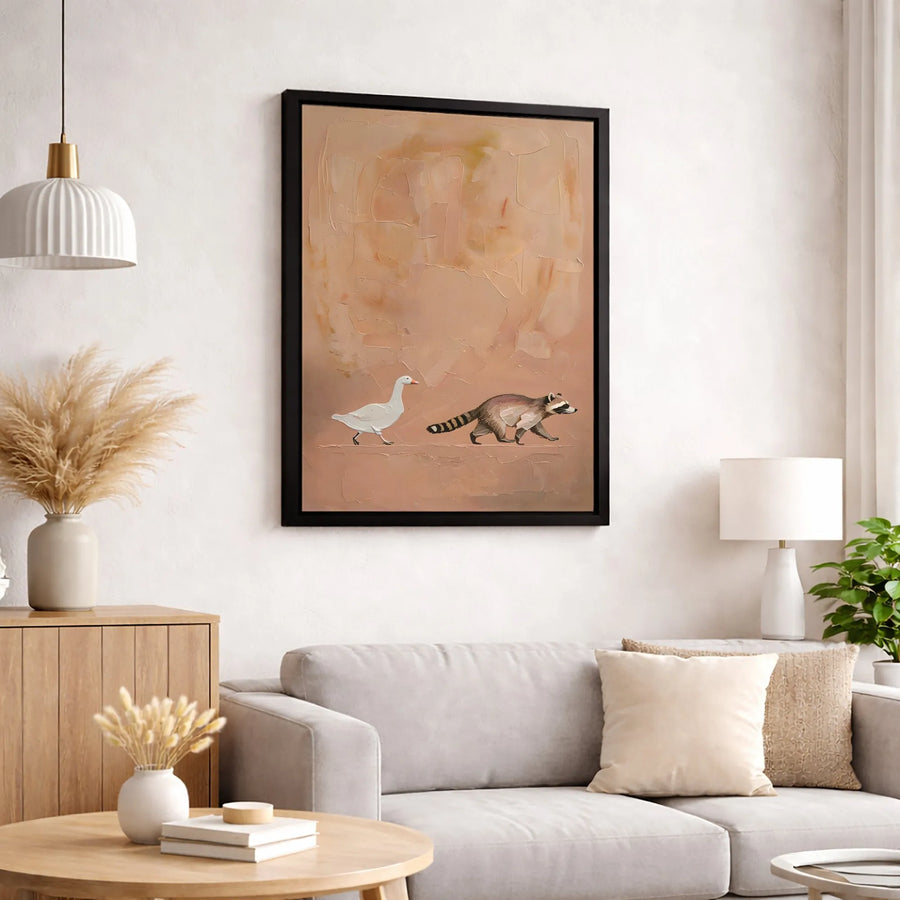 Goose And Raccoon Canvas Wall Art | Whimsical Animal Oil Texture | Premium 1.25" Thick Gallery Wrap | Modern Home Decor Gift