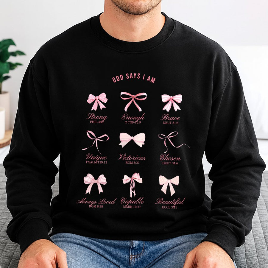 God Says I Am Bow Sweatshirt | Christian Coquette Aesthetic Bible Verse | Soft Cotton Blend Crewneck | Religious Gift for Women and Teen Girls