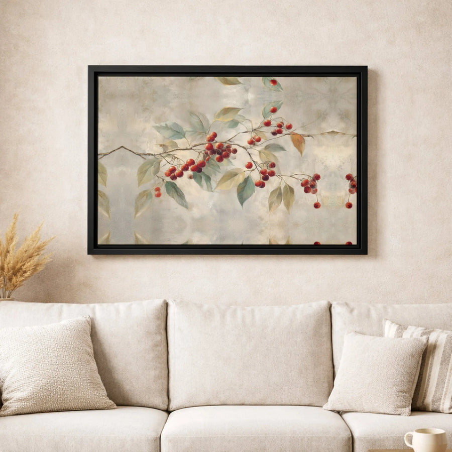 Red Berry Branch Canvas Wall Art | Botanical Nature Painting Print | Premium 1.25 Inch Gallery Wrap | Elegant Home Decor Gift