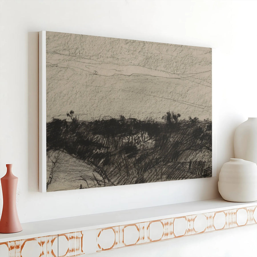 Abstract Landscape Sketch Canvas Print | Minimalist Monochrome Charcoal Drawing | Premium 1.25" Thick Canvas | Modern Farmhouse Wall Decor Gift