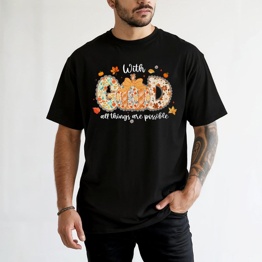 With God All Things Are Possible T-Shirt | Boho Floral Pumpkin Graphic | 100% Cotton Premium Tee | Christian Fall Faith Gift for Women