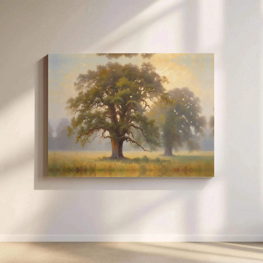 Majestic Oak Tree Landscape Canvas Print | Misty Morning Forest Wall Art | Gallery Wrapped Premium Canvas | Serene Nature Decor For Home Office