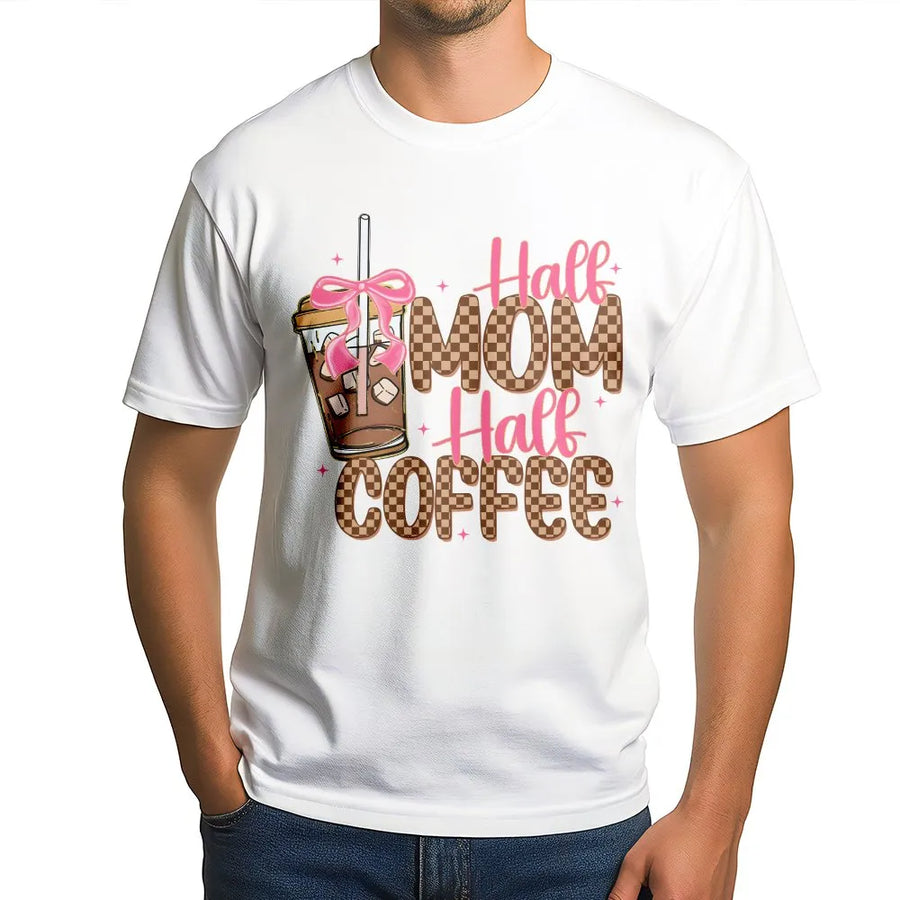 Half Mom Half Coffee T-Shirt | Retro Checkered Graphic with Coquette Bow | Premium Soft Cotton Blend | Funny Coffee Lover Gift for Mom