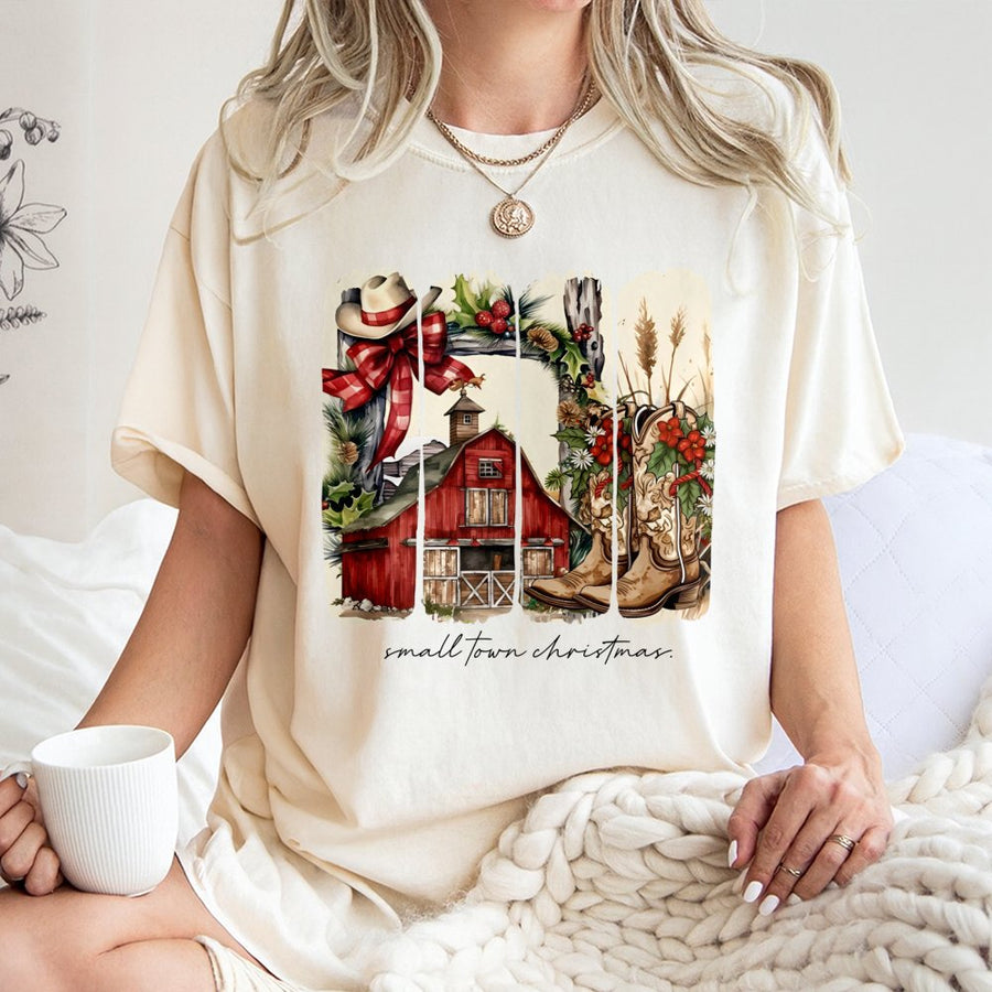 Small Town Christmas T-Shirt | Rustic Western Barn Cowgirl Graphic | 100% Cotton Premium Tee | Festive Holiday Gift for Women