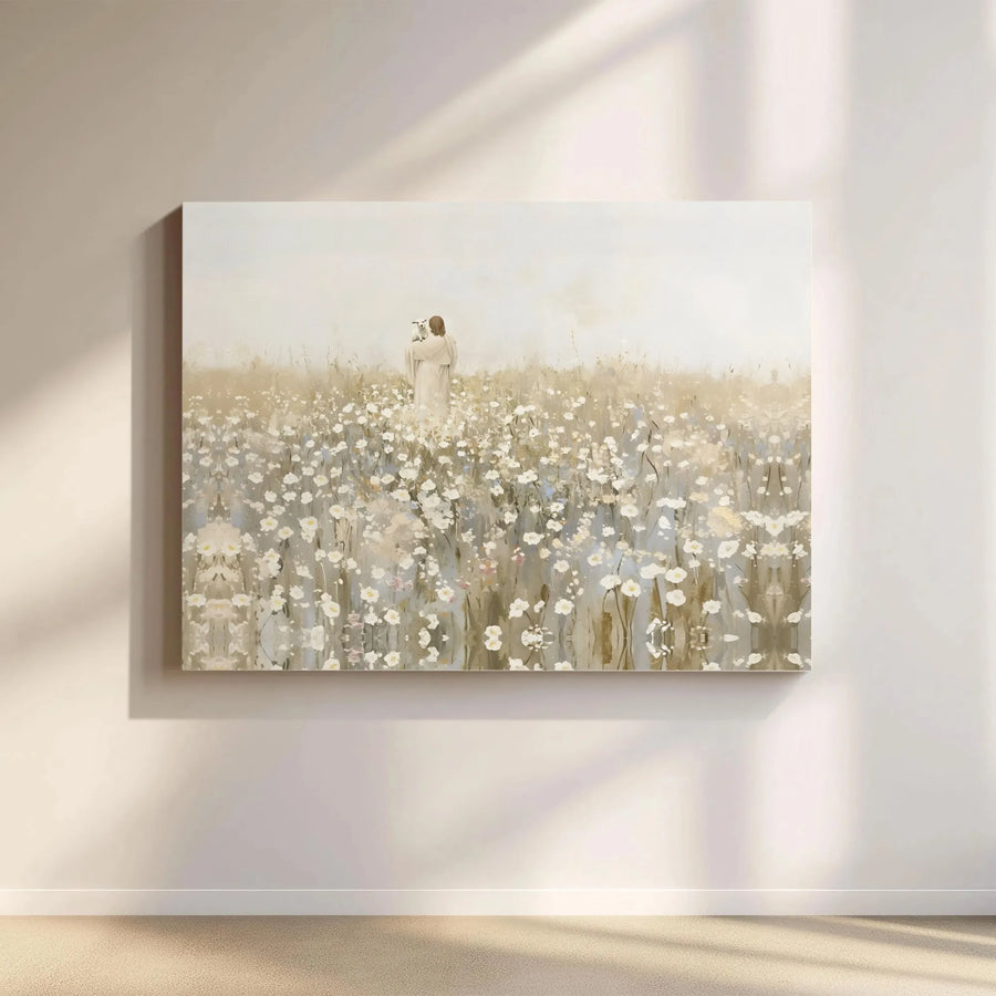Jesus Holding A Lamb Canvas Print | Serene Meadow Floral Religious Wall Art | Premium Gallery-Wrapped Decor | Christian Home Gift For Believers