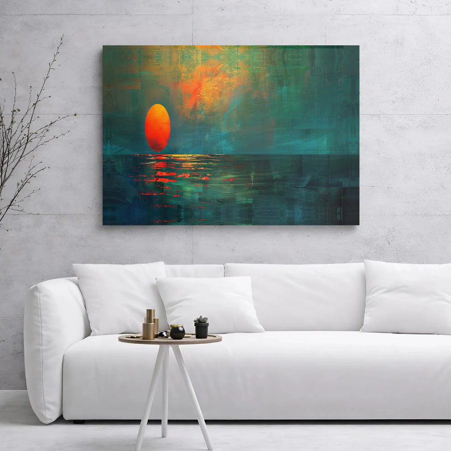 Abstract Sunset Canvas Wall Art | Teal and Orange Seascape Painting | 1.25-Inch Thick Gallery Wrap | Modern Home Office Decor Gift