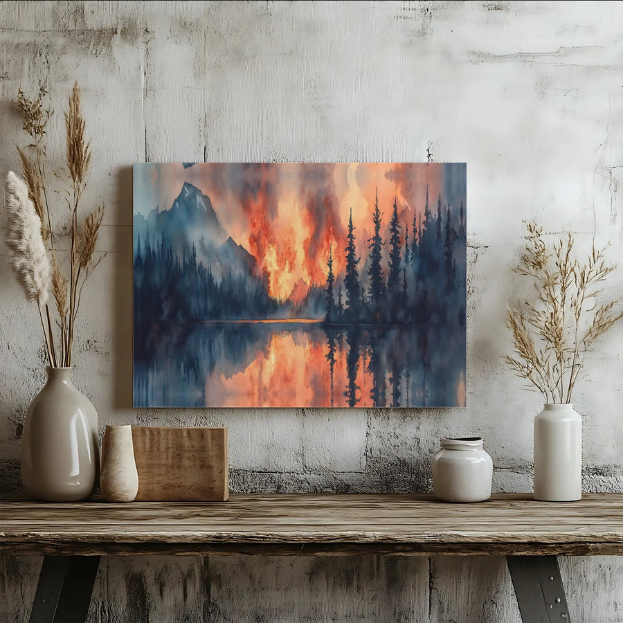 Mountain Forest Fire Canvas Art | Watercolor Lake Reflection Landscape | Premium Gallery-Wrapped Wall Decor | Nature-Inspired Modern Office Gift