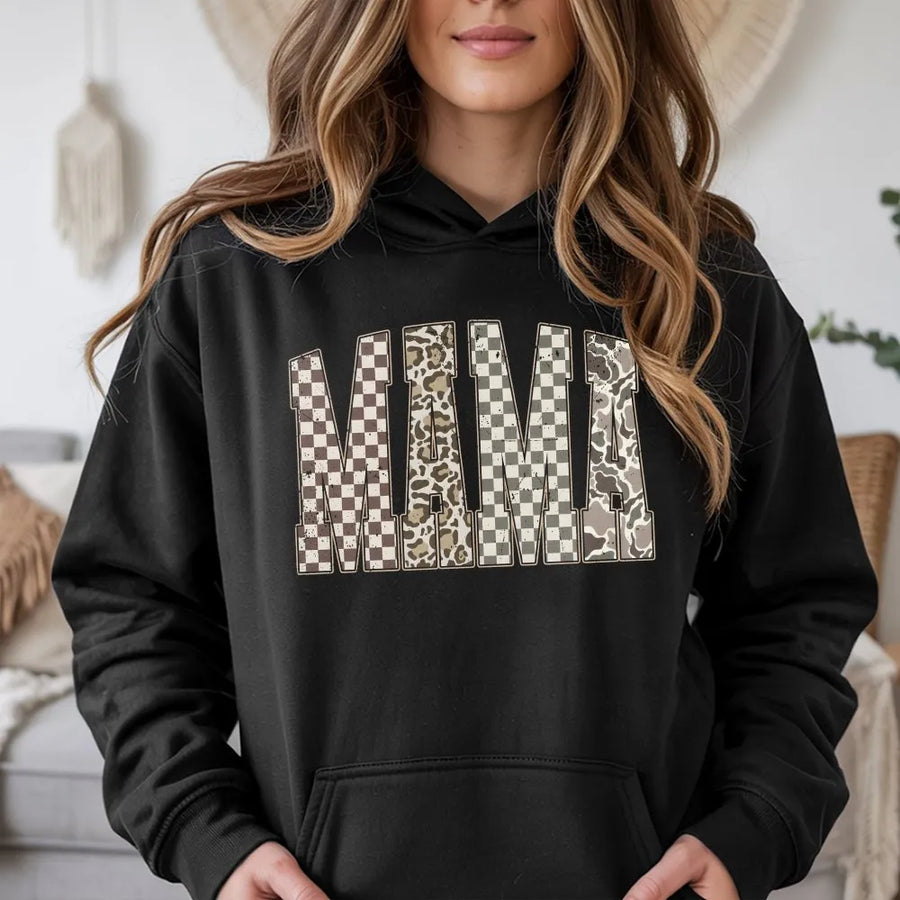 Mama Hoodie | Checkered Leopard Camo Print | Cotton-Polyester Blend | Trendy Western Mom Gift for Her