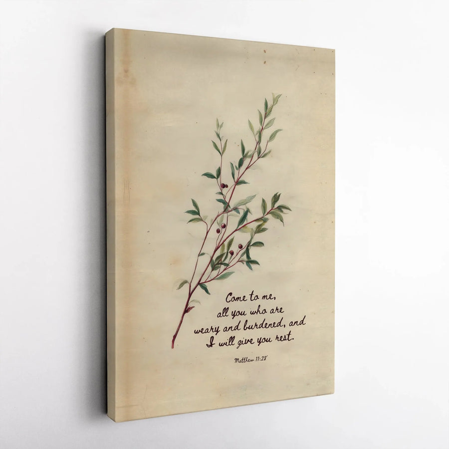 Matthew 11:28 Bible Verse Canvas | Vintage Botanical Scripture Art | Premium Gallery-Wrapped Print | Christian Inspirational Gift