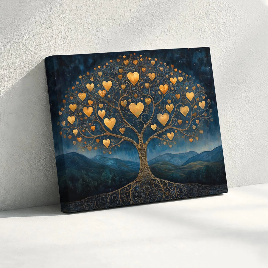 Tree Of Life Canvas Wall Art | Golden Heart Branches Illustration | Premium Gallery Wrapped Print | Romantic Living Room Decor & Housewarming Gift