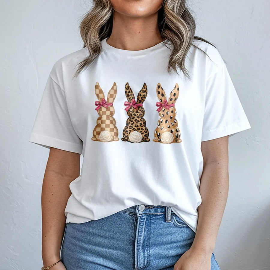 Leopard Bunny Easter Shirt | Cute Rabbit Graphic Tee with Leopard & Checkered Print | Soft Cotton Top | Happy Easter Gift for Women