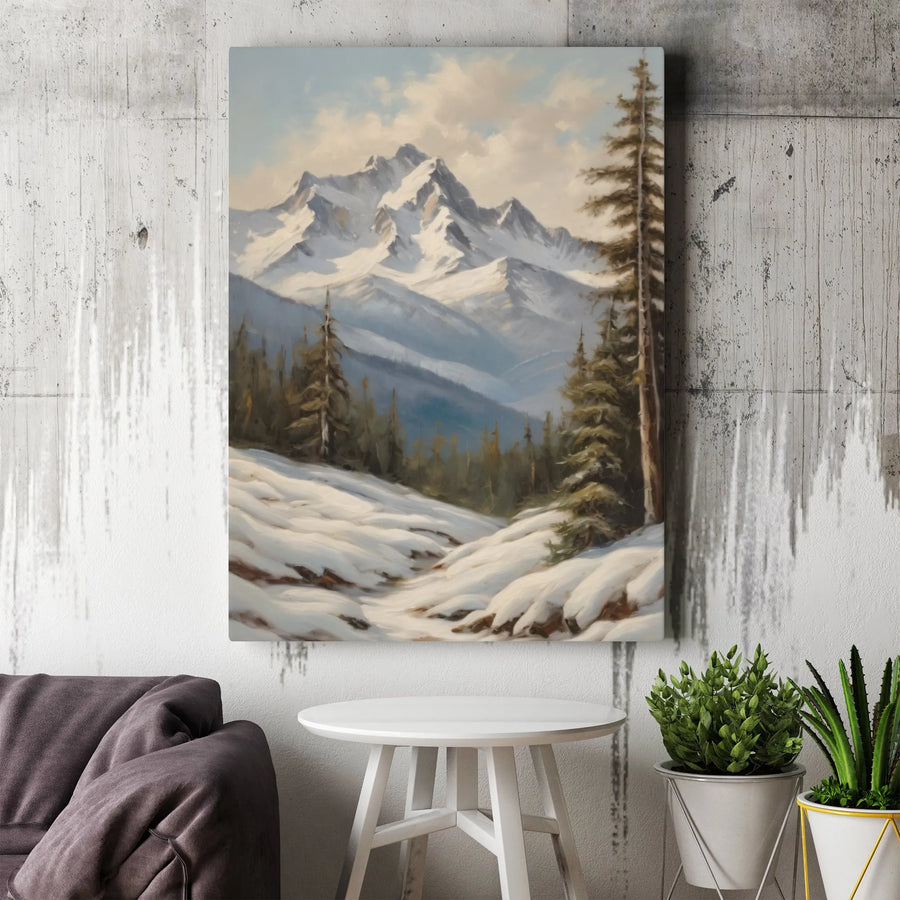 Winter Mountain Landscape Canvas Art | Snowy Pine Forest Oil Painting Print | Premium Gallery Wrap Decor | Nature Lover Living Room Wall Art