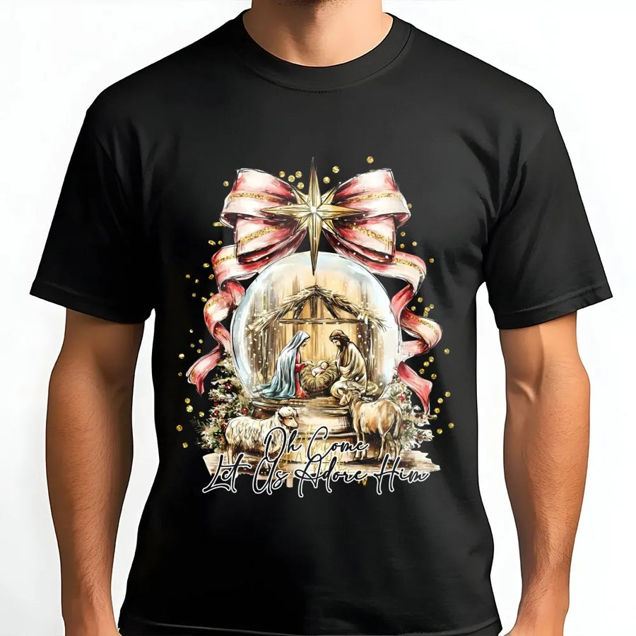 Nativity Scene T-Shirt | Oh Come Let Us Adore Him Graphic | Premium Soft Cotton Christian Christmas Tee | Religious Holiday Gift for Women & Men
