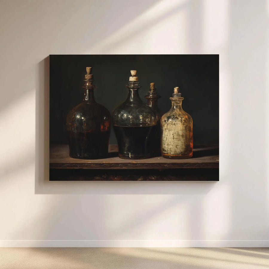 Dark Academia Canvas Wall Art | Moody Antique Bottle Still Life Print | Premium Gallery Wrapped Canvas | Vintage Kitchen Decor Gift