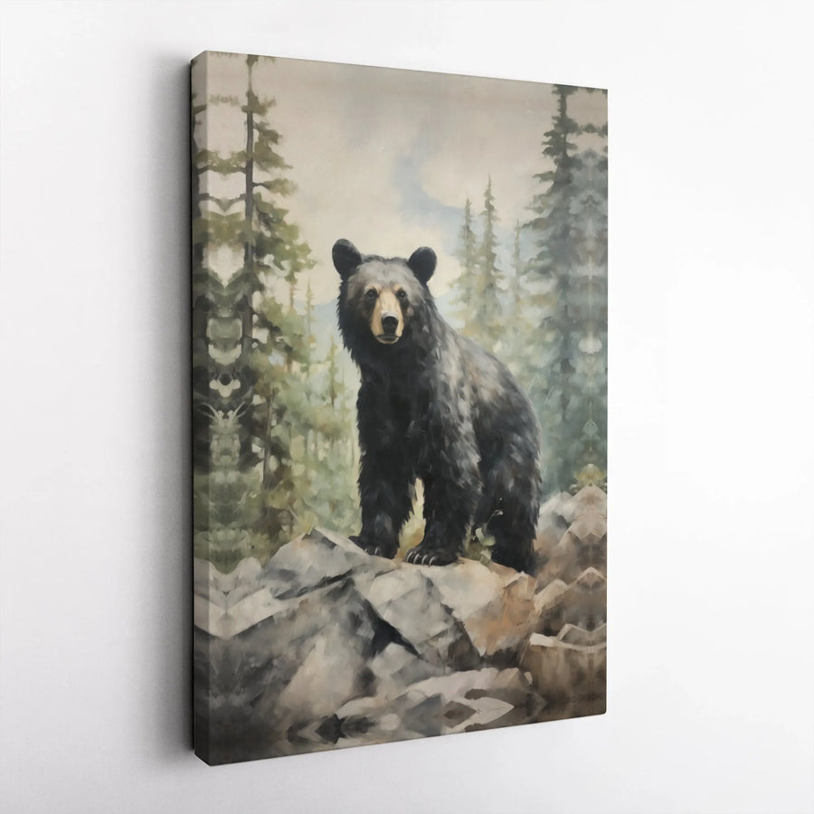 Black Bear Canvas Wall Art | Vintage Forest Bear Painting | Premium Gallery Wrapped Canvas | Rustic Cabin & Lodge Decor Gift