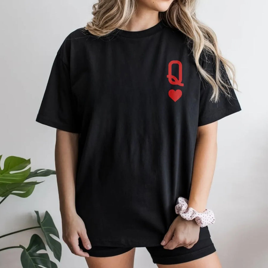 Queen of Hearts Playing Card T-Shirt | Minimalist Left Chest Graphic | Premium Soft Cotton | Matching Couple Gift for Her