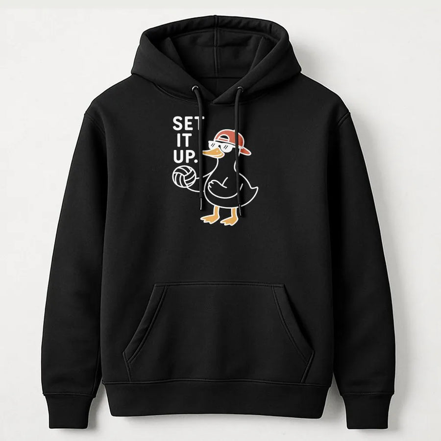 Volleyball Hoodie | Cute Duck Playing Volleyball Graphic | Premium Cotton Blend | Funny Sports Gift for Volleyball Players and Coaches