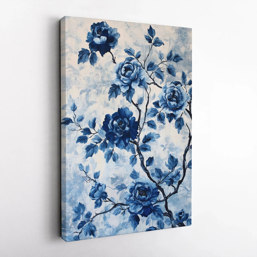 Blue Chinoiserie Floral Canvas Wall Art | Indigo Rose Botanical Branch | Gallery Wrap Premium Print | Elegant Home Decor for Living Room Bedroom