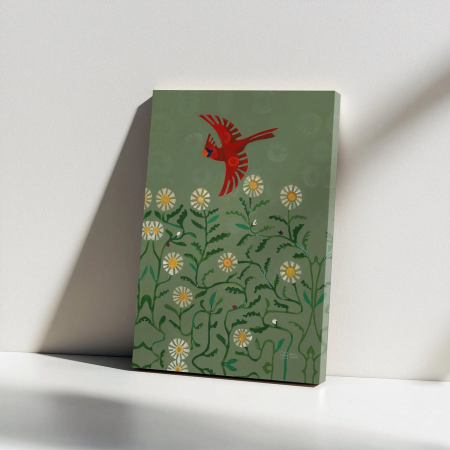 Red Cardinal Canvas Wall Art | Folk Art Bird and Daisy Field Illustration | Premium Gallery Print | Nature Themed Home Decor Gift for Bird Lover